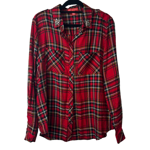 VTG SAKS FIFTH AVENUE CHRISTMAS PLAID M RHINESTONE COLLAR SHIRT VISCOSE Snap B3 - Picture 1 of 7